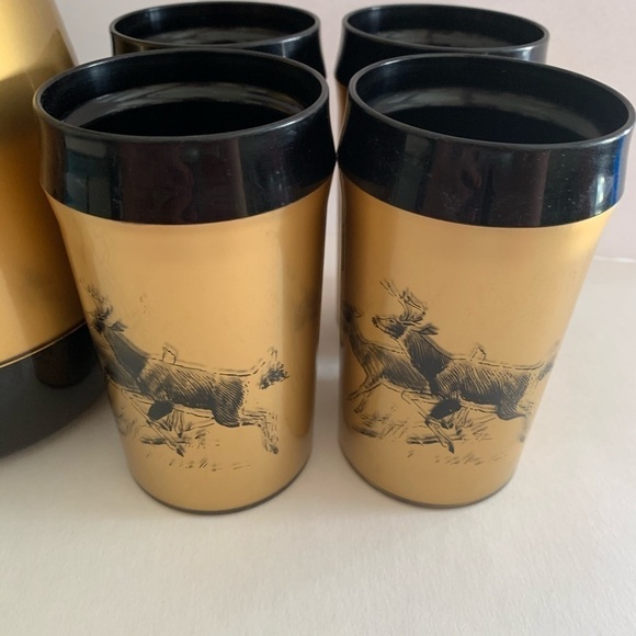 Vintage Thermo-Serv Insulated Deer Print 4 Cups & Carafe Gold & Black Hunter - Picture 3 of 11